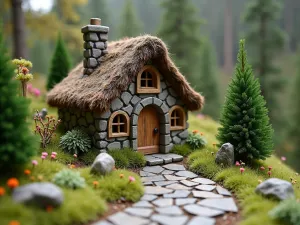 Stone Cottage Gnome Dwelling - A wide-angle view of a miniature stone cottage for gnomes with tiny windows, a thatched roof, and a cobblestone path leading to a wooden door, surrounded by dwarf conifers and alpine plants