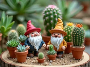 Succulent Gnome Garden - An artistic arrangement of colorful succulents and cacti forming a desert-themed gnome habitat, with tiny gnomes wearing sombreros and sitting among miniature terra cotta pots