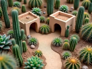 Succulent Gnome Territory - Aerial view of a desert-themed gnome habitat created within a large succulent garden, featuring tiny adobe-style houses and miniature cacti landscapes