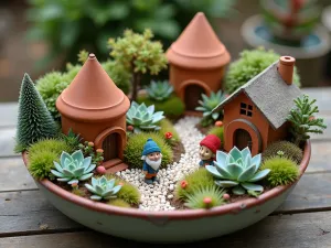 Succulent Gnome Village - Aerial view of a miniature gnome village created within a large shallow dish, featuring tiny houses made from terracotta pots, surrounded by various colorful succulents and small gnomes walking on pebble pathways