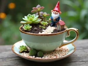 Teacup Gnome Habitat - A vintage teacup transformed into a miniature gnome garden with tiny succulents, a small gnome sitting on the rim, and a miniature pathway made of crushed shells leading to a tiny house