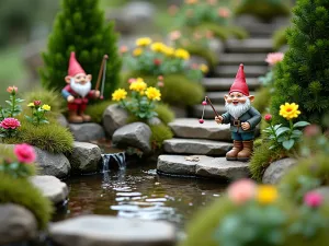 Terraced Fairy Gnome Garden - A terraced miniature garden with small stone steps, featuring gnomes fishing in a tiny pond, with dwarf conifers and miniature roses creating different levels, wide angle view