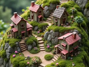 Terraced Gnome Community - Aerial view of a multi-level gnome village built into a hillside garden, with tiny staircases connecting different levels. Small vegetable gardens and flowerbeds at each level, with miniature clothes lines between houses