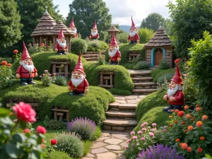 Terraced Gnome Kingdom - Wide shot of multiple terraced levels featuring gnomes in different scenes, connected by small staircases, with mixed perennial borders and climbing roses