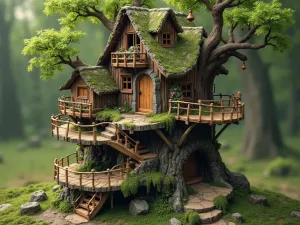 Treehouse Gnome Haven - An aerial view of an elaborate gnome treehouse built around a small tree stump, featuring multiple levels connected by tiny rope bridges, with miniature gardens on each level