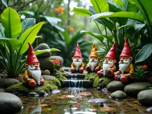 Tropical Gnome Paradise - Exotic garden setting with gnomes among large-leaved tropical plants, featuring a small pond with water features and bright flowering plants