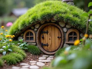 Underground Gnome Burrow - Close-up of a hillside gnome home with a round door set into the earth, featuring small windows and a grass roof, surrounded by groundcover plants