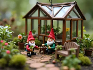 Victorian Gnome Conservatory - Detailed view of a miniature Victorian-style greenhouse filled with tiny gnomes tending to plants, featuring miniature garden furniture and vintage-style accessories