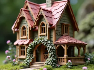 Victorian Gnome Manor - Detailed close-up of an ornate Victorian-style gnome house with tiny gingerbread trim, miniature bay windows, and a small wraparound porch decorated with trailing vines