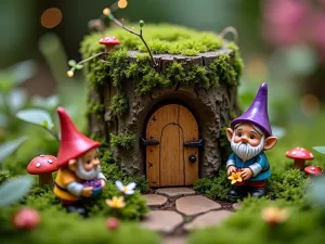 Whimsical Fairy Door Gnome Garden - A charming miniature garden scene with a tiny wooden fairy door nestled into a moss-covered tree stump, surrounded by small gnomes tending to miniature flowers and mushrooms, with delicate fairy lights