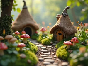 Whimsical Gnome Village Clearing - A magical woodland garden clearing with tiny thatched cottages for gnomes, surrounded by mushrooms and wildflowers. Miniature pathways wind between the houses, lined with tiny pebbles and moss. Soft, ethereal lighting, photorealistic style