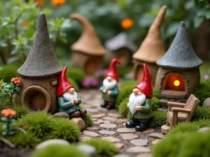 Whimsical Gnome Village - A charming miniature gnome village in a garden setting with tiny cottages made from natural materials, moss-covered pathways, and small flowering plants. Several colorful ceramic gnomes arranged among miniature furniture and fairy lights, creating a magical atmosphere