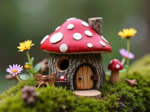 Whimsical Toadstool Gnome House - A charming handcrafted gnome house made from a hollow log, topped with a red and white spotted mushroom roof, surrounded by miniature fairy flowers and moss, photographed in close-up with soft natural lighting