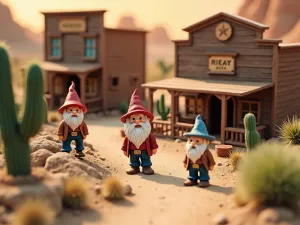 Wild West Gnome Town - Aerial view of a miniature Western-themed town with gnome cowboys, tiny saloon, and desert plants creating an Old West atmosphere