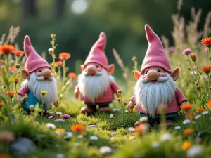 Wildflower Gnome Meadow - Natural-looking meadow garden with gnomes partially hidden among tall wildflowers and grasses, creating a dreamy, romantic atmosphere