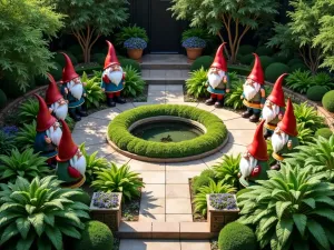 Woodland Gnome Gathering - Aerial view of a large garden space with tall garden gnomes arranged in a circular pattern around a central water feature, surrounded by ferns and hostas, dappled sunlight filtering through trees