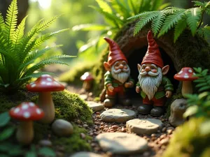 Woodland Gnome Hideaway - Close-up shot of a rustic gnome scene nestled beneath a large fern, featuring weathered gnome figurines, tiny mushrooms, and a natural stone pathway. Dappled sunlight filtering through leaves creates magical spots of light