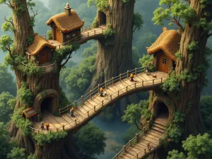 Woodland Gnome Tree Houses - Aerial view of an interconnected gnome village built around tree trunks, with tiny rope bridges and tree houses. Natural materials and forest elements throughout