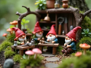 Woodland Gnome Workshop - Wide-angle view of a miniature gnome workshop scene with tiny tools, workbenches made from twigs, and gnomes crafting among miniature woodland plants and toadstools