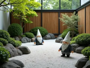 Zen Gnome Garden - Modern interpretation of a Japanese garden with minimalist gnome figures, raked gravel, bamboo screens, and carefully pruned plants