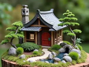 Zen Gnome Retreat - Normal view of a Japanese-inspired gnome house with a pagoda roof, surrounded by miniature rock gardens, tiny bonsai trees, and a small water feature