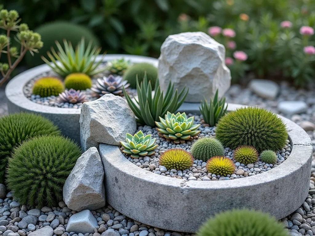 Alpine Trough Garden with Cascading Levels - A beautifully arranged alpine rock garden featuring weathered stone troughs at different heights, filled with miniature succulents and alpine plants. Sharp angular gravel in light gray tones provides excellent drainage. Natural limestone rocks are artfully placed between the levels, creating a mountainous microhabitat. Small cushion plants and sempervivums spill over the edges of the rustic troughs. Soft morning light casts gentle shadows, highlighting the textural contrast between the plants and gravel. Photorealistic, high detail, architectural garden photography style.