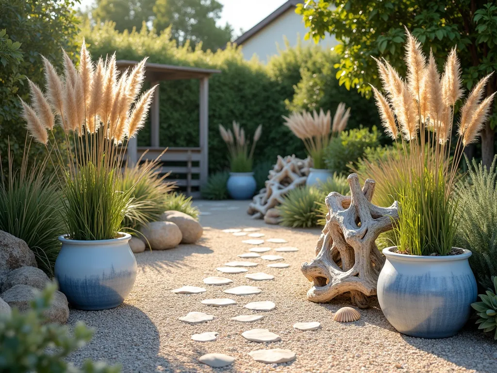 Seaside Gravel Garden with Coastal Containers - A serene Mediterranean-style garden featuring light beige pea gravel paths meandering through elegant blue and white ceramic containers. Tall feathery ornamental grasses and coastal plants sway gently in the breeze. Weathered driftwood pieces artfully arranged among the pots create natural focal points. Scattered seashells and beach pebbles add authentic coastal charm. The scene is captured in warm, natural lighting with soft shadows, creating a dreamy coastal atmosphere. Photorealistic, high-detail garden photography style.