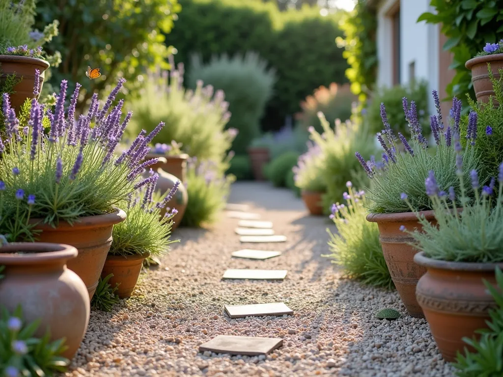 Rustic Cottage Garden with Gravel and Weathered Pots - A charming cottage garden path made of light crushed granite gravel, lined with aged terracotta and stone pots of varying sizes. The pots overflow with cottage garden favorites like lavender, sage, and purple coneflowers. Self-seeded flowering herbs peek through the gravel, creating a soft, romantic atmosphere. Natural light casts gentle shadows across the scene, highlighting the informal, Mediterranean-inspired planting style. The weathered pots show signs of age and character, while delicate butterflies hover around the blooms. Soft evening light creates a warm, inviting atmosphere.