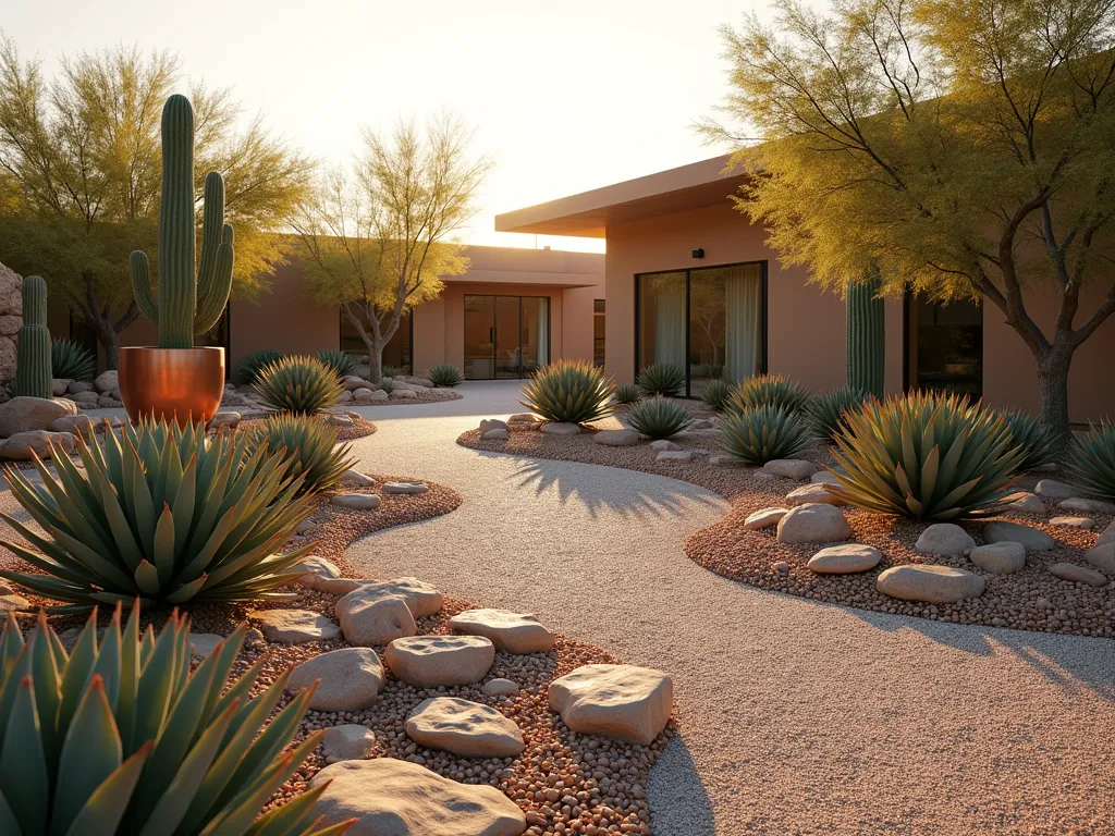 Desert Serenity: Modern Xeriscaping with Gravel Washes - A stunning desert-inspired garden landscape photographed during golden hour, featuring dramatic architectural agaves and yuccas in copper and terracotta pots arranged across multi-toned gravel beds. Natural-looking dry river bed with varying sizes of stones from small pebbles to larger rocks, creating sinuous curves through the space. Soft golden sunlight casting long shadows across the textured gravel surface, highlighting the sculptural forms of the desert plants. Modern minimalist design with clean lines and thoughtful plant placement, Mediterranean influences evident in the choice of materials and spacing. Hyperrealistic photography style, high detail, 32k resolution.