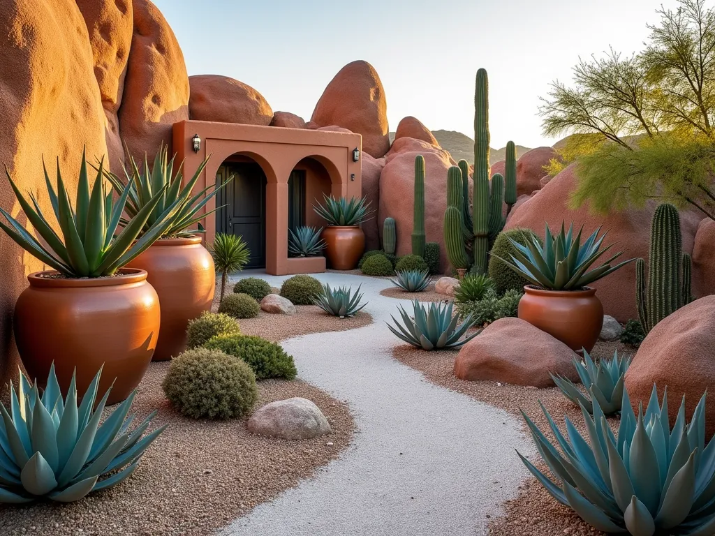 Desert Rock Garden with Potted Succulents - A serene desert rock garden photographed during golden hour, featuring multiple levels of rust-colored decorative boulders nestled in fine beige gravel. Large copper and terracotta pots of varying heights showcase dramatic agave plants, barrel cacti, and golden barrel cacti. Smaller weathered ceramic containers display cascading echeveria and desert spoon plants. Fine white gravel paths wind between the rock formations, while architectural blue-green succulents create stunning contrast against the warm-toned rocks. Soft shadows and warm lighting enhance the Mediterranean atmosphere, shot in high-resolution photographic style.