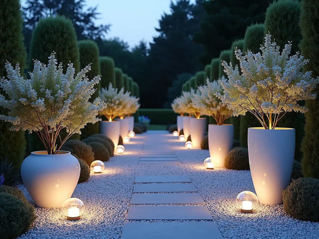 Evening Mediterranean Gravel Garden - A serene twilight garden scene with white limestone gravel paths winding between elegant illuminated ceramic pots. Large white-flowering plants like Moon Flowers and White Jasmine cascade from the containers, glowing softly in the dusk light. Modern solar path lights line the gravel walkway, while strategically placed mirrored orbs reflect the warm lighting. Mercury glass lanterns cast intricate shadows on the pale gravel, creating a magical, ethereal atmosphere. The garden is photographed during the blue hour, with a gentle ambient glow, photorealistic style, 4K resolution