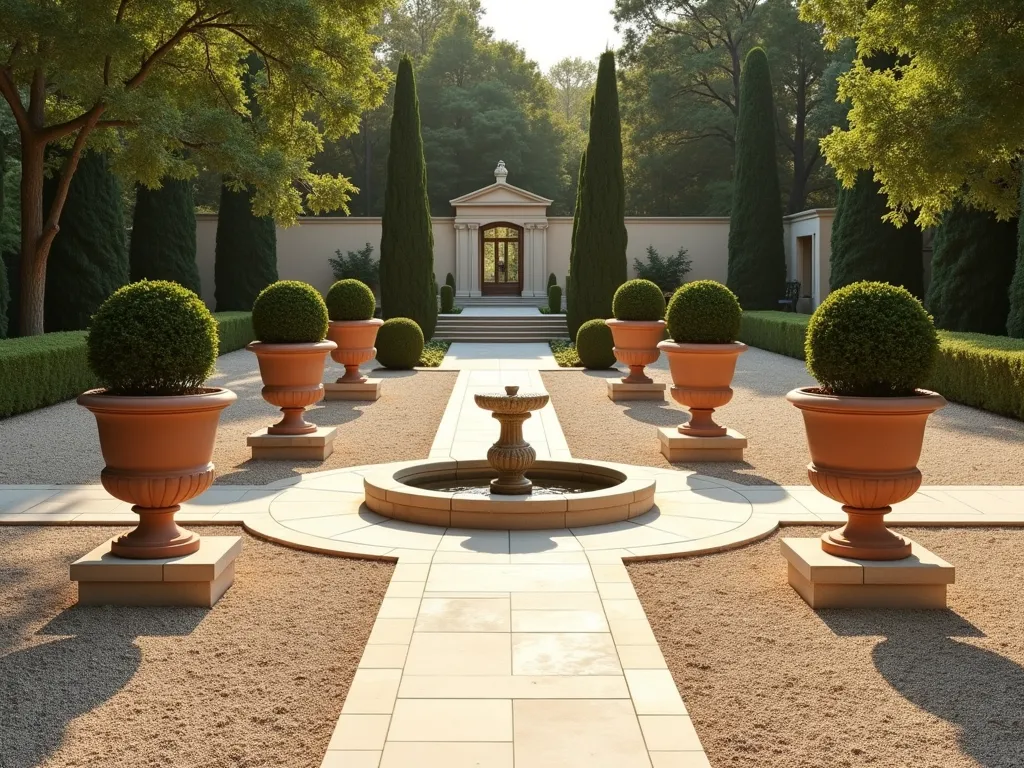 Symmetrical Gravel Garden with Classical Topiary - A formal Mediterranean garden terrace featuring light beige gravel paths arranged in geometric patterns. Four identical large terracotta urns are placed symmetrically at cardinal points, each containing perfectly manicured box topiary spheres. The containers are positioned on raised stone plinths, creating elegant focal points. Smaller matching potted cypress trees line the walkway in perfect mirror formation. Warm evening sunlight casts gentle shadows across the structured gravel surface, highlighting the clean lines and formal design. A classical stone fountain serves as the centerpiece, completing the sophisticated symmetrical layout. Photorealistic, architectural photography style.