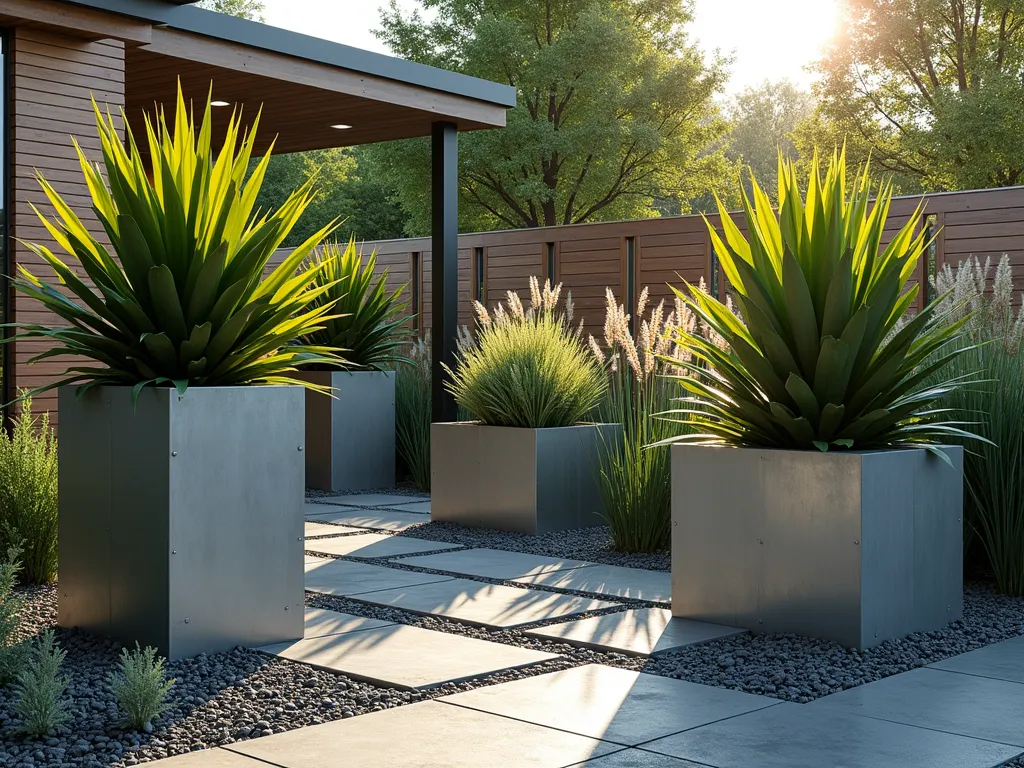 Modern Industrial Gravel Garden with Metal Planters - A contemporary garden space featuring large galvanized metal planters arranged on a bed of sleek slate chips. Dramatic New Zealand flax (Phormium) with their strong architectural leaves rise from the containers, accompanied by flowing ornamental grasses catching the evening light. The industrial materials create strong geometric shapes while the plants add organic movement. Shot in warm, natural lighting with subtle shadows, highlighting the contrast between the metallic surfaces and natural elements. Photorealistic, high-end garden photography style, 4K quality.