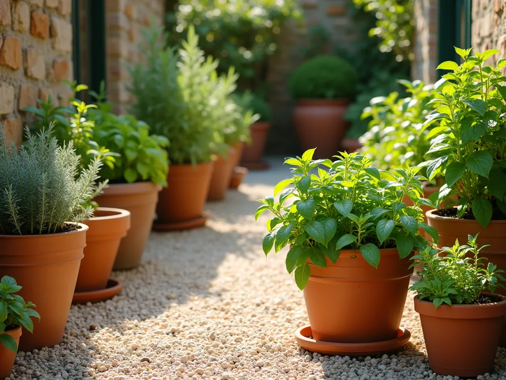 Mediterranean Gravel Garden with Edible Containers - A sun-drenched Mediterranean-style gravel garden with terracotta pots of varying sizes arranged in an aesthetic pattern, containing thriving herbs and vegetables. The pots showcase bushy basil, cascading cherry tomatoes, silvery sage, and aromatic rosemary. Light-colored decorative gravel creates clean pathways between containers, with warm evening sunlight casting long shadows across the space. Several wooden crates and rustic plant stands add height variation. The scene is captured in a photorealistic style with warm, natural lighting and soft depth of field.