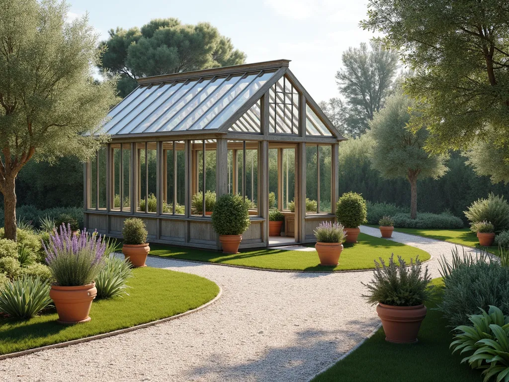 Mediterranean Greenhouse Gravel Surround - A serene garden scene featuring a glass greenhouse with weathered wooden frame, surrounded by neat gravel paths. Terra cotta and aged stone containers filled with lavender, rosemary, and citrus trees line the paths. Soft morning light filters through the greenhouse glass, casting gentle shadows on the light-colored gravel. The path curves elegantly around the greenhouse, while potted olive trees and Mediterranean herbs create a professional, organized display. The scene conveys a sense of tranquility and practical beauty, with the gravel providing a clean, well-maintained appearance. Photorealistic, architectural photography style.