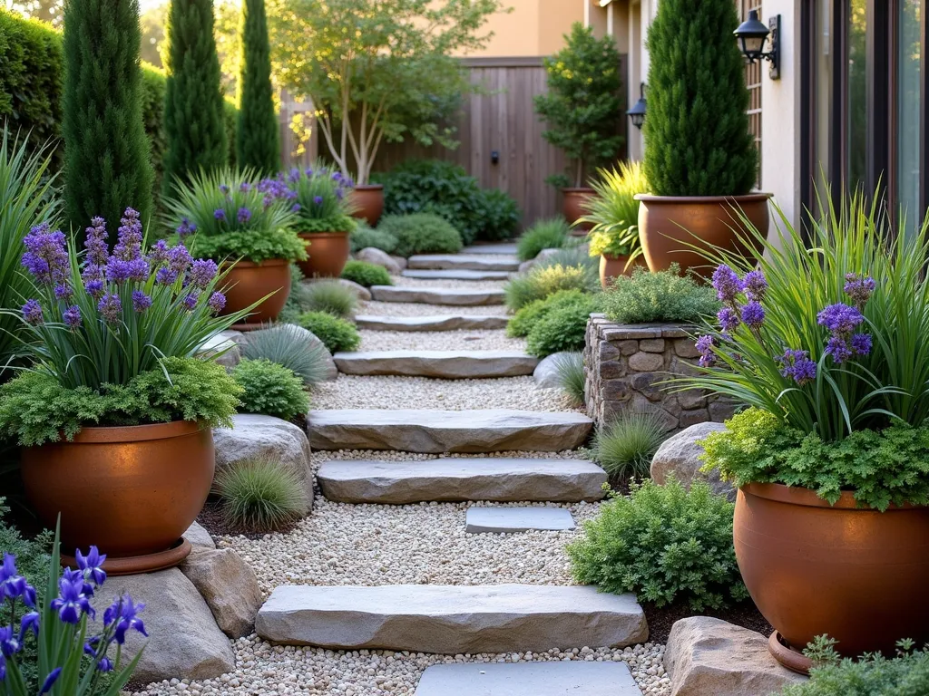 Tranquil Mediterranean Rain Garden with Layered Gravel Basins - A serene Mediterranean-style rain garden featuring terraced gravel basins with subtle level changes, populated with elegant potted plants. Large copper and terracotta containers showcase cascading Japanese forest grass, purple iris, and water-loving ferns. Decorative river rocks and light-colored gravel create gentle swales that guide rainwater flow. Soft evening lighting casts warm shadows across the textured gravel surface, while moisture-loving plants create a lush, layered effect. Natural stone steps connect different levels, with Mediterranean cypress trees in aged terracotta pots providing vertical accent points.