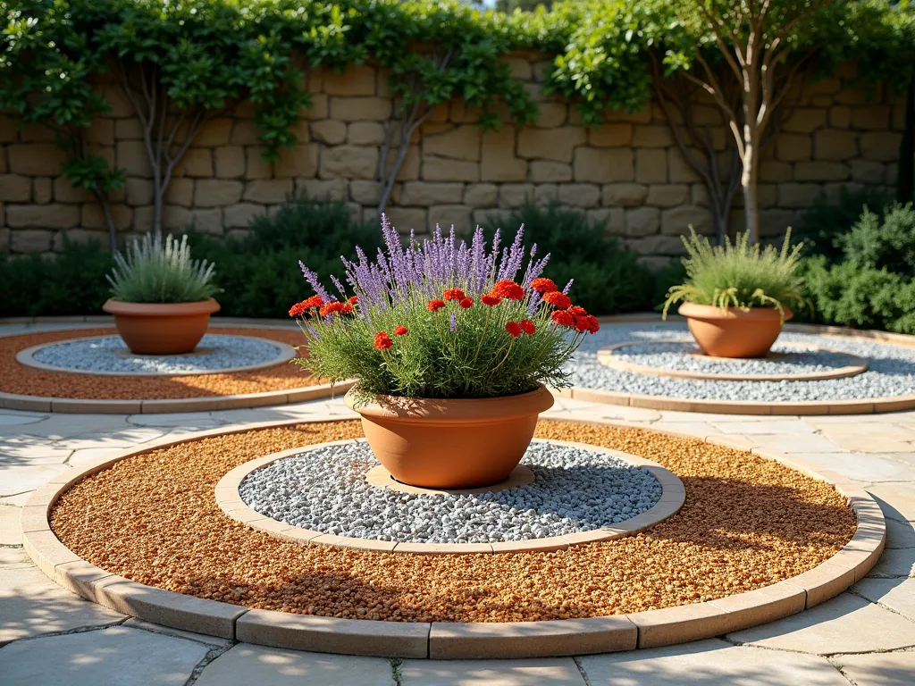 Mediterranean Seasonal Color Pod Garden - A stunning Mediterranean garden scene with three circular gravel pods arranged in a triangular pattern. Each pod features different colored gravels - one in warm terracotta, one in silver-gray, and one in golden buff. In the center of each pod stands an elegant terra cotta pot with vibrant seasonal plantings. The main pod showcases cascading purple lavender and bright red geraniums, surrounded by crushed marble gravel. Low-growing thyme and rosemary border the pods, creating soft transitions. Dappled sunlight casts gentle shadows across the scene, with a weathered stone wall in the background. Photorealistic, high-end landscape photography style with soft natural lighting.