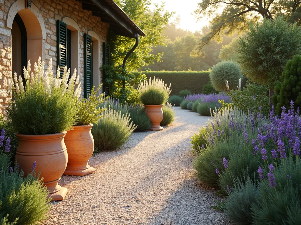 Mediterranean Sensory Garden Path with Fragrant Potted Plants - A winding gravel garden path at golden hour, lined with terracotta and stone pots of varying heights. Featured are blooming lavender, rosemary, and sage creating a silvery-green palette. Ornamental grasses sway gently, adding movement and texture. White flowering jasmine climbs decorative obelisks, while purple salvia and lemon thyme spill over pot edges. Warm Mediterranean sunlight filters through the scene, casting long shadows across the light-colored gravel. Architectural ceramic containers showcase textural euphorbias and santolina. Photorealistic, high-end garden photography style, f/2.8, soft natural lighting