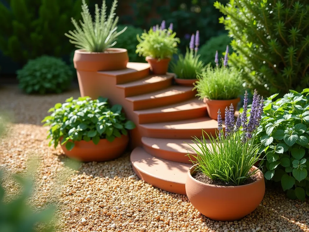 Mediterranean Herb Spiral Garden - A beautifully designed spiral herb garden photographed from a 45-degree angle, featuring handmade terracotta pots of varying sizes arranged in an ascending spiral pattern on fine golden Mediterranean gravel. The spiral rises to about 3 feet tall, with sun-loving rosemary, sage, and lavender positioned at the top catching golden sunlight, while shade-tolerant parsley and mint nestle in larger pots at the base. The gravel is a warm honey color, meticulously arranged around the pots, with small ornamental pebbles creating subtle borders. Soft morning light casts gentle shadows, highlighting the Mediterranean garden aesthetic. Photo-realistic, architectural garden design, high-end landscaping.