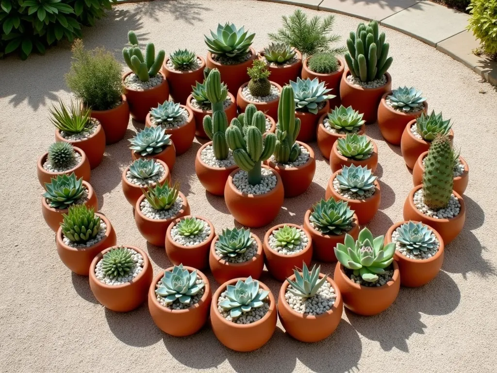 Mediterranean Succulent Circle Display - A beautiful circular arrangement of terracotta and ceramic pots on pale beige gravel, photographed from above at a slight angle. The pots vary in size from small 4-inch to large 24-inch containers, creating a mesmerizing spiral pattern. Each pot contains vibrant succulents and cacti in different heights and textures, including tall barrel cacti, rosette-forming echeverias, trailing string of pearls, and spiky agaves. The light gravel creates a clean, minimalist backdrop that makes the green and blue-grey succulents pop. Soft natural lighting casts gentle shadows, emphasizing the geometric arrangement and Mediterranean garden aesthetic.