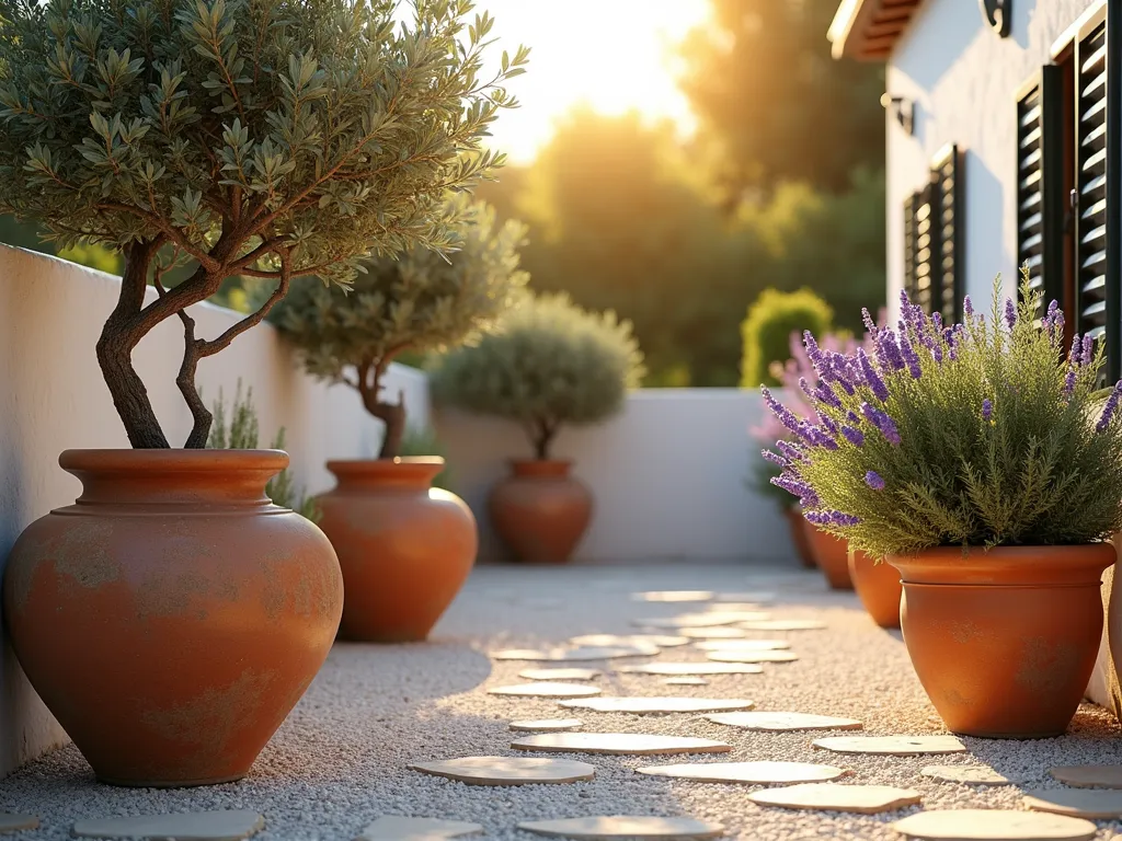 Sun-Drenched Mediterranean Terrace Garden - A serene Mediterranean-style terrace garden bathed in warm sunlight, featuring an elegant arrangement of weathered terracotta pots of varying sizes on pristine white gravel. Large terracotta urns showcase mature olive trees, while clusters of blooming lavender and fragrant rosemary bushes spill over smaller pots. The scene is captured during golden hour, with long shadows casting across the bright gravel, creating a tranquil European ambiance. The composition includes traditional Mediterranean architectural elements like a whitewashed wall in the background and natural stone pavers. Photorealistic, high detail, cinematic lighting, 8k