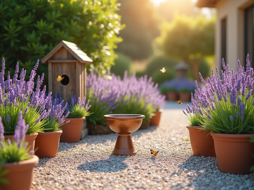 Mediterranean Wildlife Haven with Potted Plants - A sunlit Mediterranean gravel garden with terra cotta containers arranged naturally, featuring lavender, salvias, and verbena in full bloom. A decorative copper bird bath sits centrally among the pots, with butterflies and bees hovering over the purple flowers. An artistic wooden insect hotel stands between drought-resistant plants, while light-colored gravel creates meandering pathways. The scene is captured during golden hour, casting warm light across the textured gravel surface, with soft bokeh effect in background. Photorealistic style.