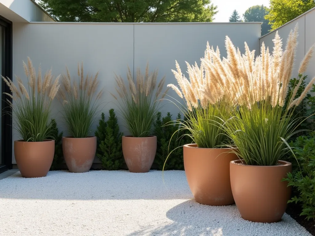 Zen-Inspired Minimalist Gravel Garden with Dancing Grasses - A serene modern garden space with large contemporary concrete and terracotta planters arranged thoughtfully on a pristine white gravel bed. Tall, flowing ornamental grasses like Stipa tenuissima and Miscanthus sinensis 'Morning Light' create graceful movement against the still backdrop. The planters are placed at varying heights and distances, creating visual rhythm. Low afternoon sunlight casts dramatic shadows across the gravel, highlighting the ethereal quality of the swaying grass plumes. Minimalist Japanese-inspired design with clean lines and uncluttered spaces.