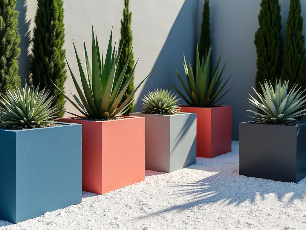 Modern Color Block Gravel Garden - Minimalist garden scene with a geometric grid of vibrant square concrete planters arranged on pristine white gravel. Each planter features bold colors like deep blue, coral, and charcoal gray. Architectural plants like tall spiky Agave, Mediterranean cypress, and sculptural Euphorbia create strong vertical lines. Sharp shadows cast dramatic patterns on the light gravel surface. Shot from a slightly elevated angle in bright natural daylight, highlighting the clean modern design and color contrast. Photorealistic style.