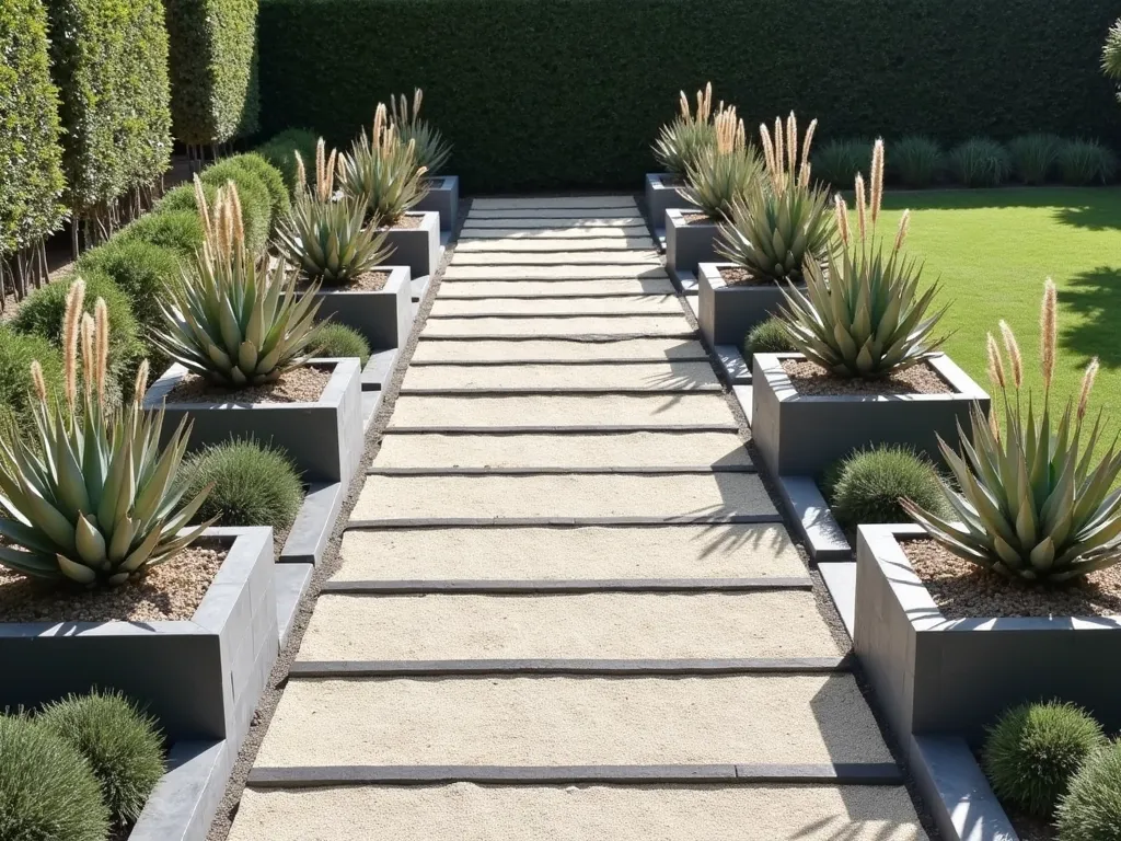 Modern Grid Gravel Garden with Architectural Plants - A contemporary Mediterranean garden featuring a precise geometric grid pattern of light beige gravel paths intersected with dark stone borders. Identical square concrete planters in cool gray are arranged in perfect symmetry, each containing sculptural agave plants and tall architectural grasses. The modern composition is photographed from a slightly elevated angle, showcasing the clean lines and mathematical precision of the layout. Soft morning light casts subtle shadows, emphasizing the strong geometric design. Clean minimalist aesthetic with a focus on form and structure.