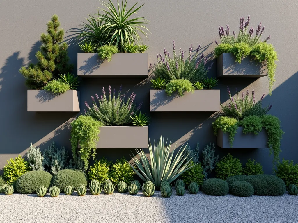 Modern Vertical Garden Wall with Gravel Base - A stunning vertical garden wall featuring multiple tiers of modern rectangular planters mounted on a contemporary gray wall, filled with cascading Mediterranean plants and succulents. The wall is anchored by a neat bed of light-colored decorative gravel that extends outward. Dramatic afternoon sunlight casts interesting shadows across the structure. The plants include flowing lavender, trailing rosemary, and compact sedums in various shades of green and silver. A sophisticated drainage system is subtly visible where the wall meets the gravel base. Photorealistic, architectural style, 4K quality.