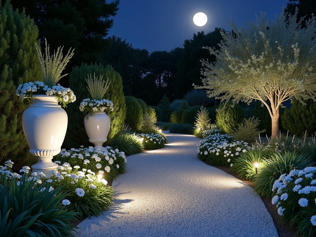 Ethereal Moonlight Mediterranean Garden - A serene nighttime Mediterranean garden scene with silvery gravel pathways illuminated by soft garden lights. White ceramic and pale stone containers arranged elegantly, filled with luminous white Petunias, Silver Bush (Artemisia), and cascading Dichondra 'Silver Falls'. Ghostly white Echinacea flowers and Lamb's Ear create a ethereal glow under a full moon. Subtle landscape lighting casts gentle shadows, making the silver foliage shimmer. Photograph style, dramatic nighttime lighting, high-end garden design, ethereal atmosphere.