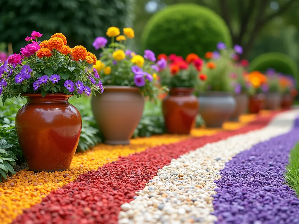 Rainbow Gravel Garden Border with Coordinated Potted Flowers - A stunning Mediterranean garden border featuring bands of rainbow-colored gravel (red, orange, yellow, purple, and white) arranged in gentle curves, with coordinating ceramic pots placed artistically along the border. Tall terracotta and glazed containers showcase cascading purple petunias, orange marigolds, yellow lantana, pink geraniums, and blue lobelia. The plants echo the colors of the gravel beneath, creating a harmonious rainbow effect. Soft natural lighting, photorealistic, high-end garden photography style, with subtle depth of field.