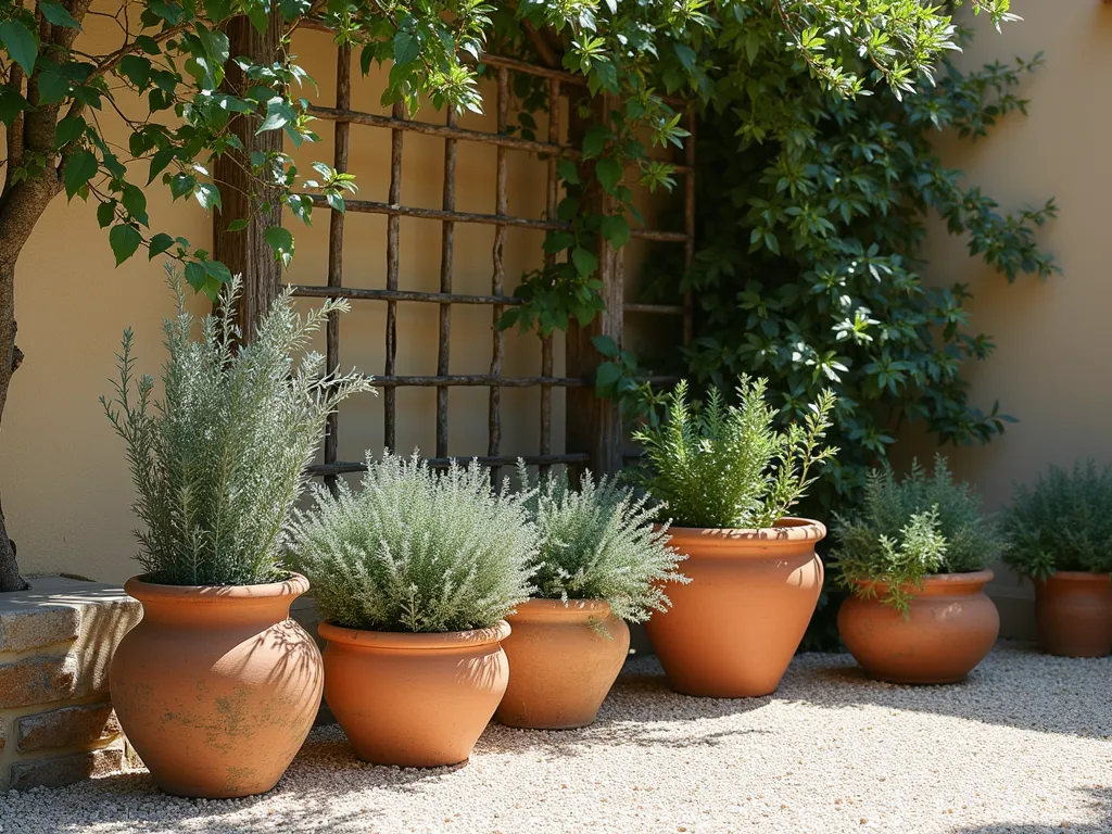 Rustic Gravel Corner with Weathered Pots - A charming garden corner photographed in natural sunlight, featuring an artful arrangement of weathered terracotta and ceramic pots of varying sizes on pale Mediterranean gravel. A rustic wooden trellis supports climbing jasmine and clematis, while cascading rosemary and trailing silver-gray artemisia spill over the edges of the containers. The scene is complemented by natural stone elements and dappled shadows, creating a romantic, lived-in Mediterranean atmosphere. Captured in high-resolution photographic style with soft, warm lighting.