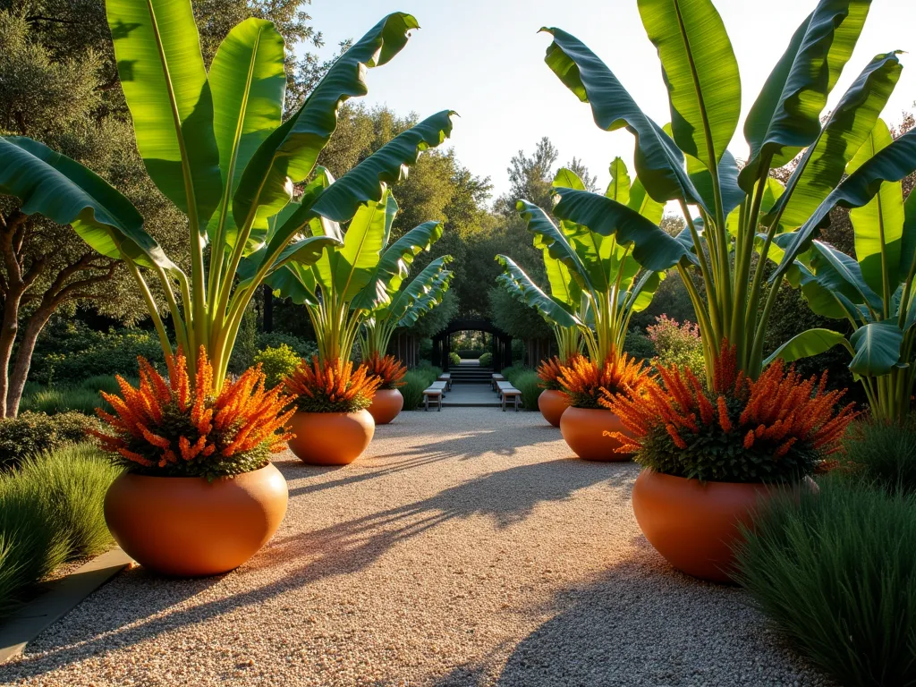 Mediterranean Tropical Gravel Garden Oasis - A stunning Mediterranean-style garden featuring islands of exotic plantings in large terracotta containers set among multi-colored gravel. Dramatic banana plants with large leaves and vibrant orange cannas create focal points. The gravel transitions from warm golden tones to cool grey, creating defined spaces around the containers. Dramatic evening lighting casts shadows of the tropical foliage. Photorealistic, high-end landscape photography style, f/8, golden hour lighting.